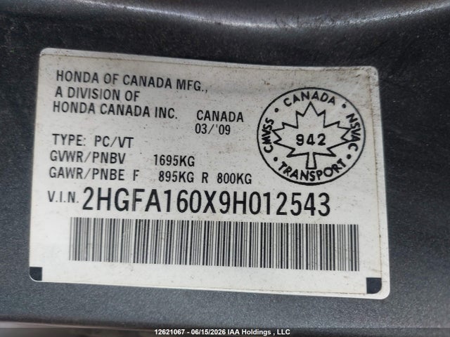 Aukcja sprzedaży 2009 Honda Civic Exl, vin: 2HGFA160X9H012543, numer aukcji: 12621067