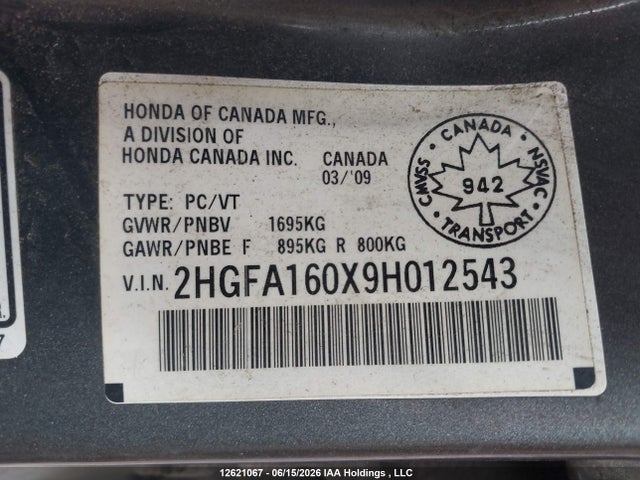 Aukcja sprzedaży 2009 Honda Civic Exl, vin: 2HGFA160X9H012543, numer aukcji: 12621067