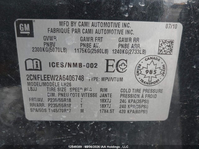 Продаж на аукціоні авто 2010 Chevrolet Equinox, vin: 2CNFLEEW2A6406748, номер лоту: 12549389