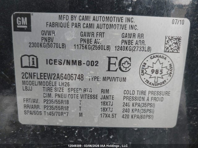 Продаж на аукціоні авто 2010 Chevrolet Equinox, vin: 2CNFLEEW2A6406748, номер лоту: 12549389