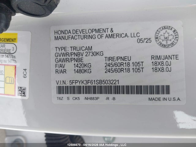 Продаж на аукціоні авто 2025 Honda Ridgeline Trailsport, vin: 5FPYK3F61SB503221, номер лоту: 12586670