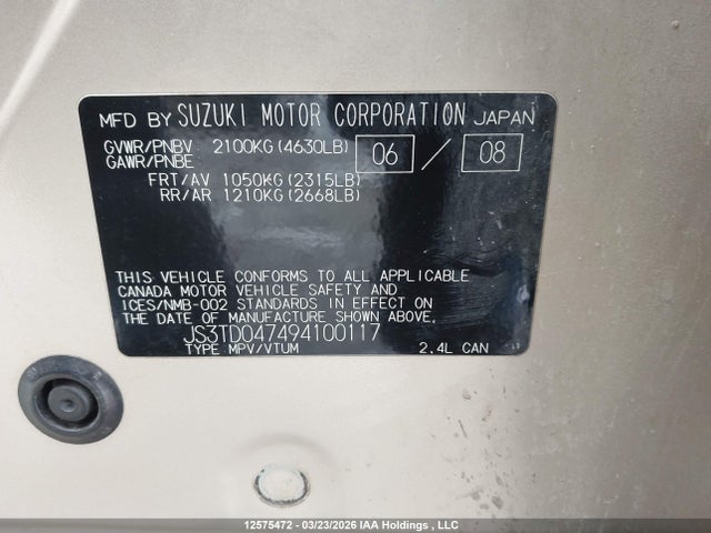 2009 Suzuki Grand Vitara Jlx-l მანქანა იყიდება აუქციონზე, vin: JS3TD047494100117, აუქციონის ნომერი: 12575472