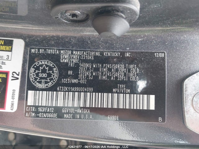 2009 Toyota Venza მანქანა იყიდება აუქციონზე, vin: 4T3ZK11A99U004099, აუქციონის ნომერი: 12621077