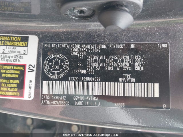 2009 Toyota Venza მანქანა იყიდება აუქციონზე, vin: 4T3ZK11A99U004099, აუქციონის ნომერი: 12621077