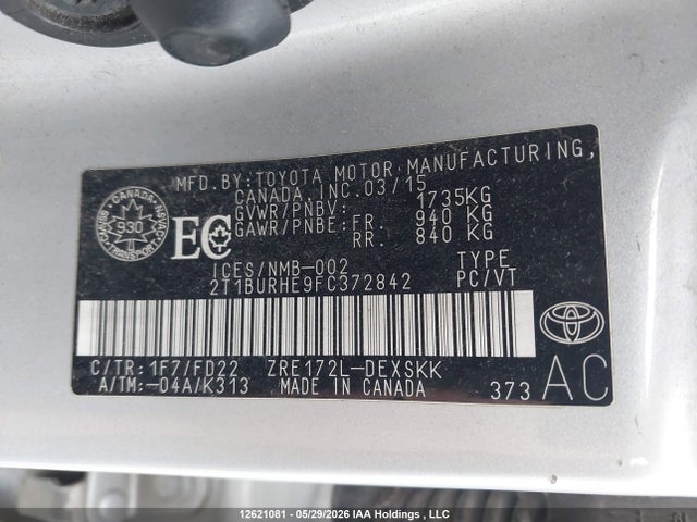 Продажа на аукционе авто 2015 Toyota Corolla S, vin: 2T1BURHE9FC372842, номер лота: 12621081
