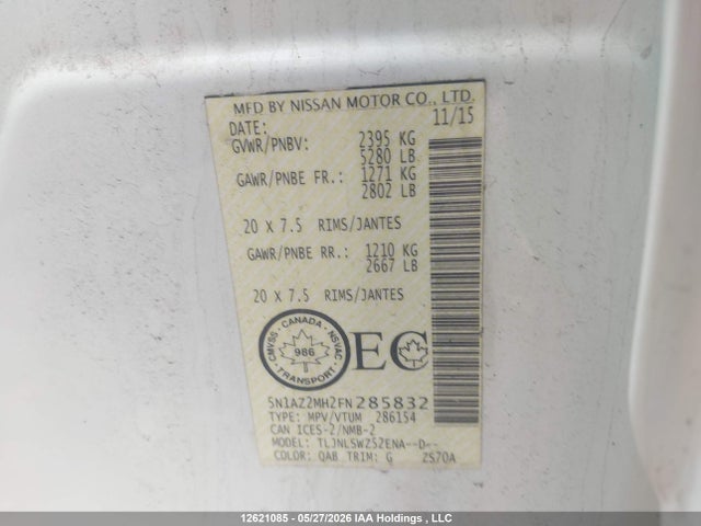 Aukcja sprzedaży 2015 Nissan Murano S/sl/sv/platinum, vin: 5N1AZ2MH2FN285832, numer aukcji: 12621085