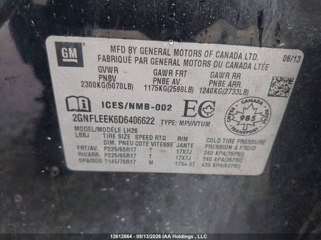 12612864 :رقم المزاد ، 2GNFLEEK6D6406622 vin ، 2013 Chevrolet Equinox 1lt مزاد بيع