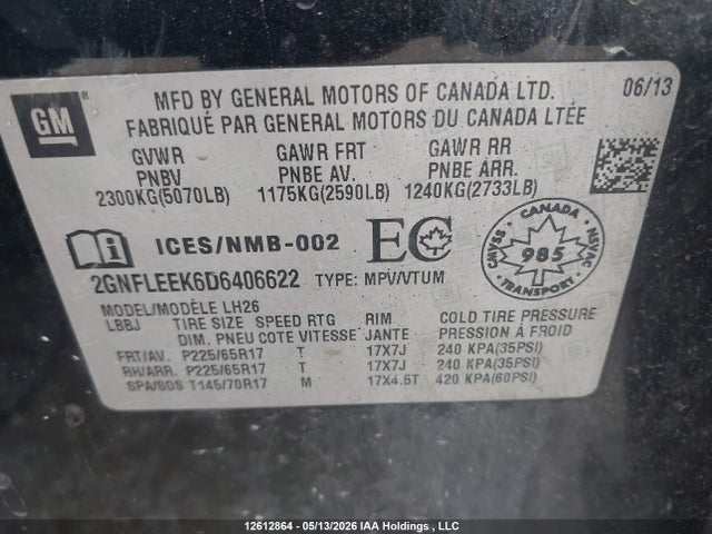12612864 :رقم المزاد ، 2GNFLEEK6D6406622 vin ، 2013 Chevrolet Equinox 1lt مزاد بيع