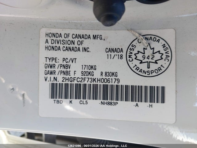 2019 Honda Civic მანქანა იყიდება აუქციონზე, vin: 2HGFC2F73KH006179, აუქციონის ნომერი: 12621096
