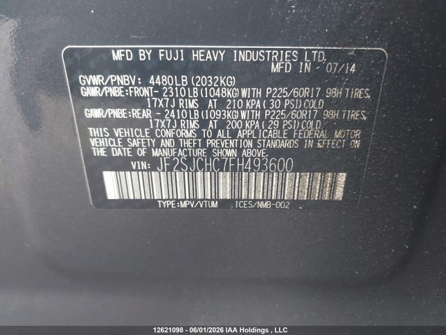 12621098 :رقم المزاد ، JF2SJCHC7FH493600 vin ، 2015 Subaru Forester 2.5i Limited مزاد بيع