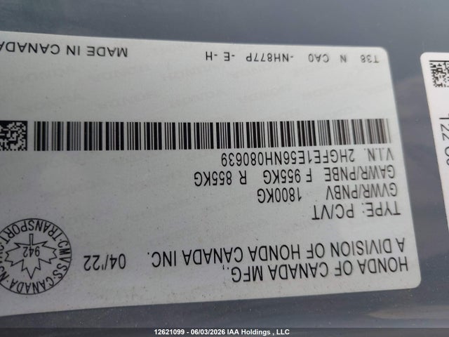 12621099 :رقم المزاد ، 2HGFE1E56NH080639 vin ، 2022 Honda Civic Si Si مزاد بيع