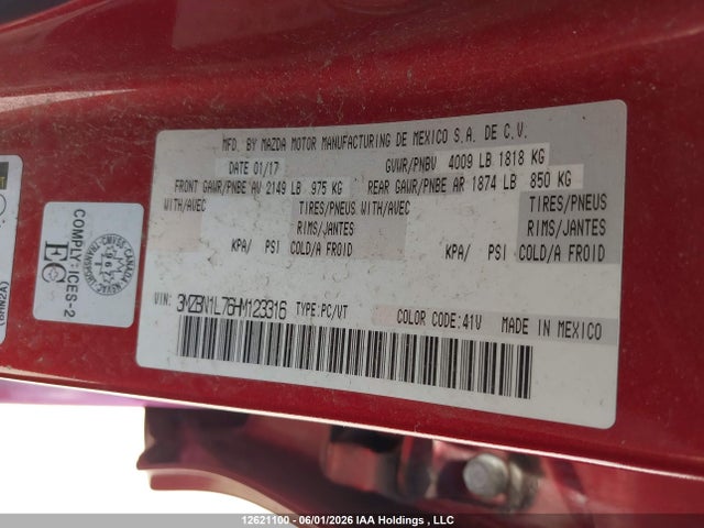 12621100 :رقم المزاد ، 3MZBN1L76HM123316 vin ، 2017 Mazda Mazda3 Gs مزاد بيع