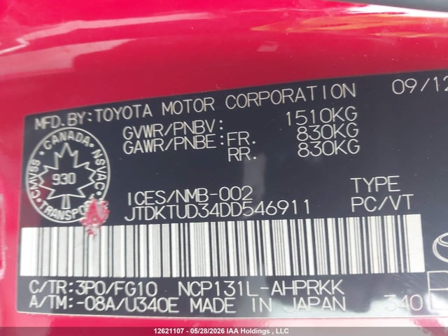 Auction sale of the 2013 Toyota Yaris, vin: JTDKTUD34DD546911, lot number: 12621107