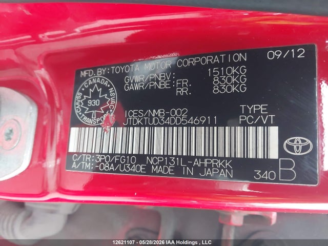 Auction sale of the 2013 Toyota Yaris, vin: JTDKTUD34DD546911, lot number: 12621107