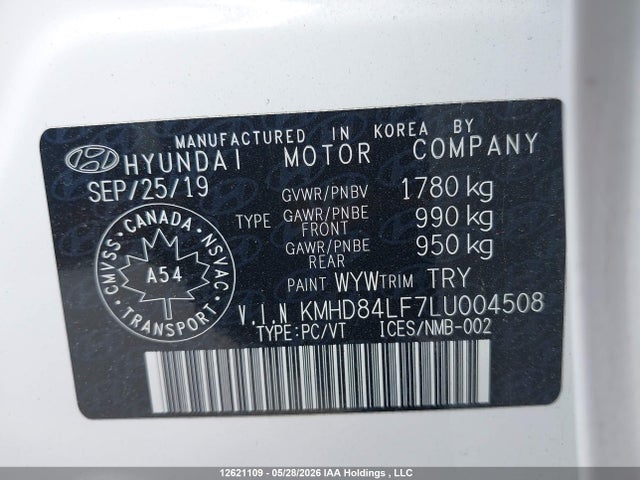 12621109 :رقم المزاد ، KMHD84LF7LU004508 vin ، 2020 Hyundai Elantra Preferred With Sun And Safety Package Auto Ivt مزاد بيع