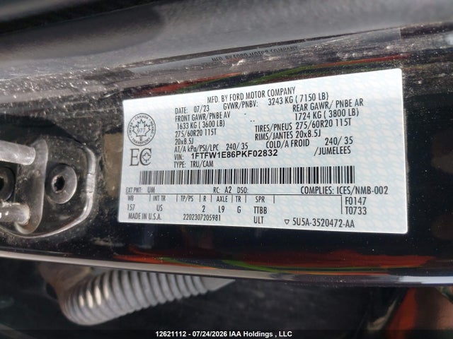 12621112 :رقم المزاد ، 1FTFW1E86PKF02832 vin ، 2023 Ford F150 Supercrew مزاد بيع