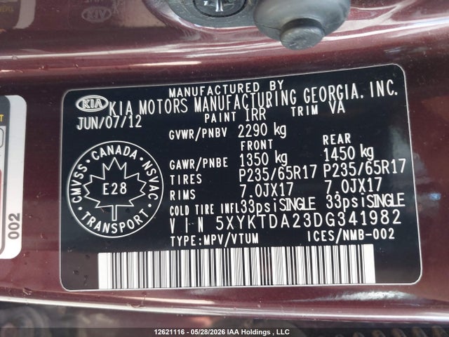 Aukcja sprzedaży 2013 Kia Sorento Lx, vin: 5XYKTDA23DG341982, numer aukcji: 12621116