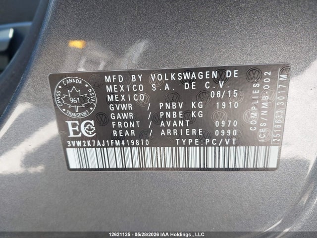 12621125 :رقم المزاد ، 3VW2K7AJ1FM419870 vin ، 2015 Volkswagen Jetta S مزاد بيع