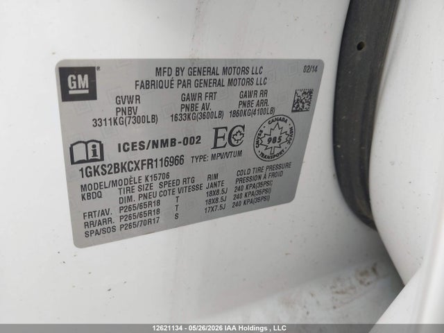 1GKS2BKCXFR116966 GMC YUKON SLT