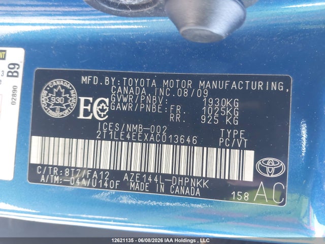 12621135 :رقم المزاد ، 2T1LE4EEXAC013646 vin ، 2010 Toyota Corolla Matrix S مزاد بيع