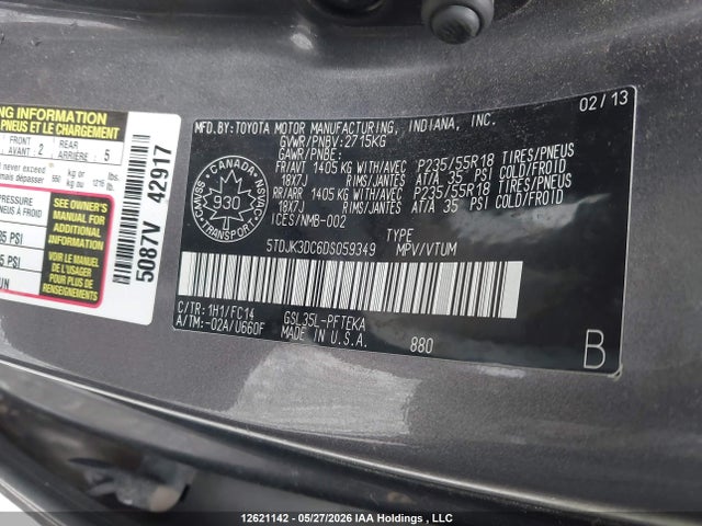 12621142 :رقم المزاد ، 5TDJK3DC6DS059349 vin ، 2013 Toyota Sienna Le مزاد بيع