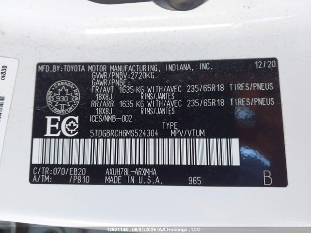 12621146 :رقم المزاد ، 5TDGBRCH6MS524304 vin ، 2021 Toyota Highlander Hybrid Xle مزاد بيع