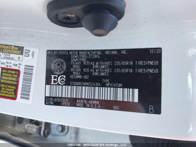 12621146 :رقم المزاد ، 5TDGBRCH6MS524304 vin ، 2021 Toyota Highlander Hybrid Xle مزاد بيع