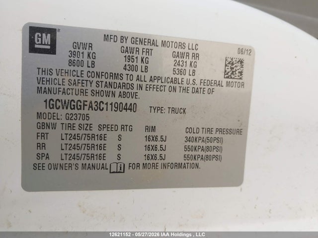 Продаж на аукціоні авто 2012 Chevrolet Express G2500, vin: 1GCWGGFA3C1190440, номер лоту: 12621152
