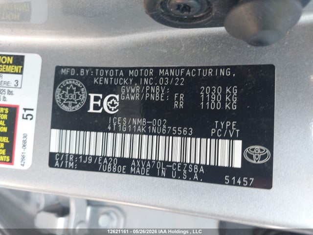 2022 Toyota Camry Se/se Night Shade მანქანა იყიდება აუქციონზე, vin: 4T1G11AK1NU675563, აუქციონის ნომერი: 12621161