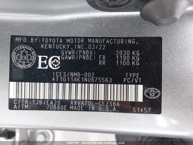 2022 Toyota Camry Se/se Night Shade მანქანა იყიდება აუქციონზე, vin: 4T1G11AK1NU675563, აუქციონის ნომერი: 12621161