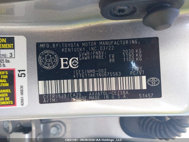 2022 Toyota Camry Se/se Night Shade მანქანა იყიდება აუქციონზე, vin: 4T1G11AK1NU675563, აუქციონის ნომერი: 12621161