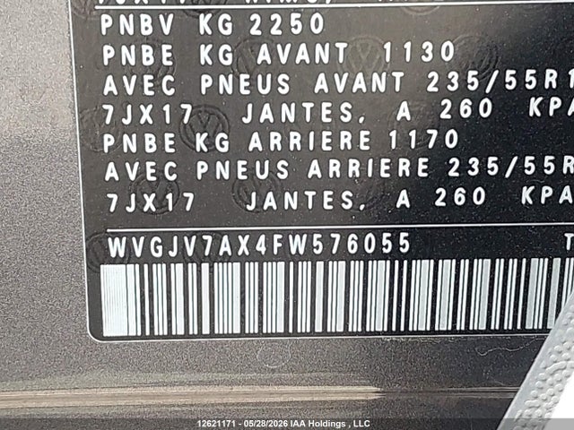12621171 :رقم المزاد ، WVGJV7AX4FW576055 vin ، 2015 Volkswagen Tiguan S/se/sel/r-line مزاد بيع