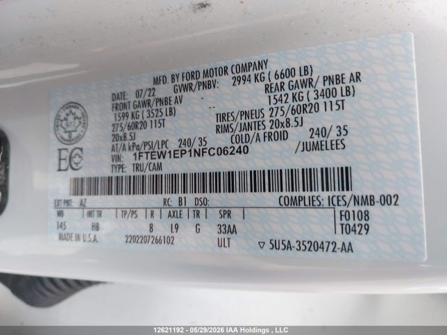 12621192 :رقم المزاد ، 1FTEW1EP1NFC06240 vin ، 2022 Ford F-150 Lariat مزاد بيع