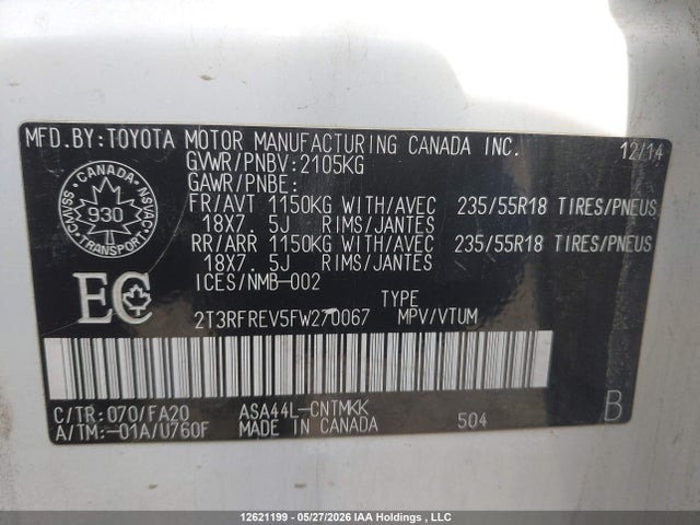 Продажа на аукционе авто 2015 Toyota Rav4 Xle, vin: 2T3RFREV5FW270067, номер лота: 12621199