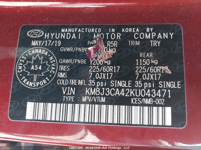 2019 Hyundai Tucson Limited/sel/sport/ultimate/value/night მანქანა იყიდება აუქციონზე, vin: KM8J3CA42KU043471, აუქციონის ნომერი: 12621200
