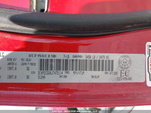 12621223 :رقم المزاد ، 3C4PDCGG0JT472114 vin ، 2018 Dodge Journey Crossroad مزاد بيع