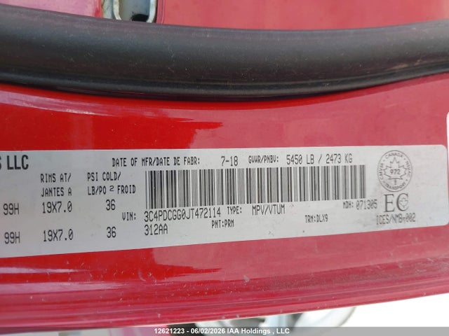 12621223 :رقم المزاد ، 3C4PDCGG0JT472114 vin ، 2018 Dodge Journey Crossroad مزاد بيع