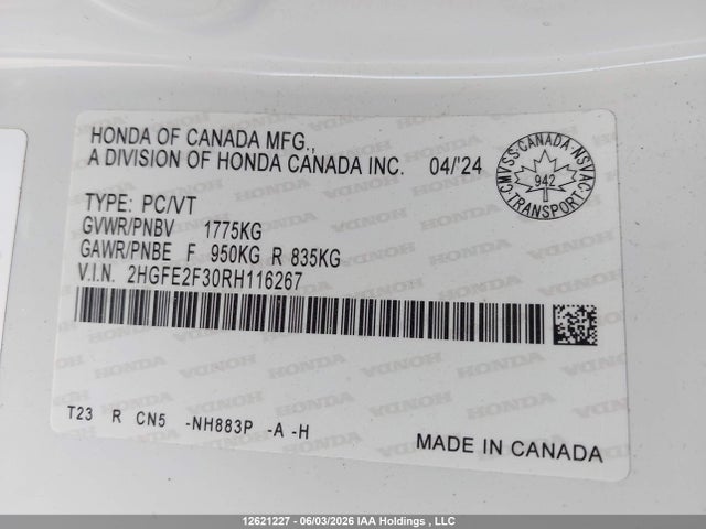 2024 Honda Civic Ex მანქანა იყიდება აუქციონზე, vin: 2HGFE2F30RH116267, აუქციონის ნომერი: 12621227