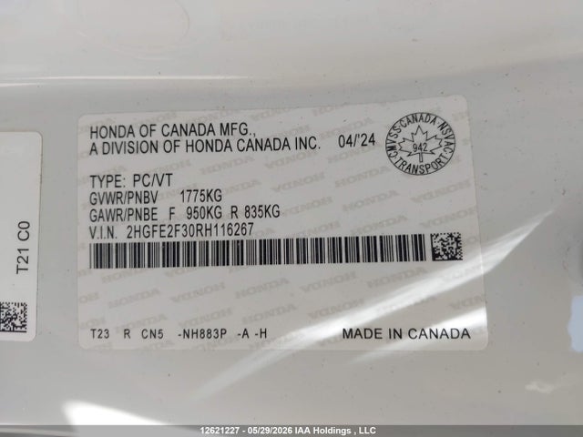 2024 Honda Civic Ex მანქანა იყიდება აუქციონზე, vin: 2HGFE2F30RH116267, აუქციონის ნომერი: 12621227