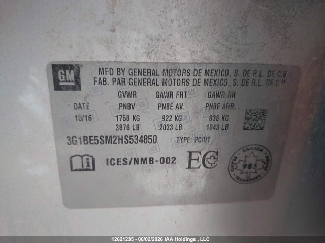 12621235 :رقم المزاد ، 3G1BE5SM2HS534850 vin ، 2017 Chevrolet Cruze Lt مزاد بيع