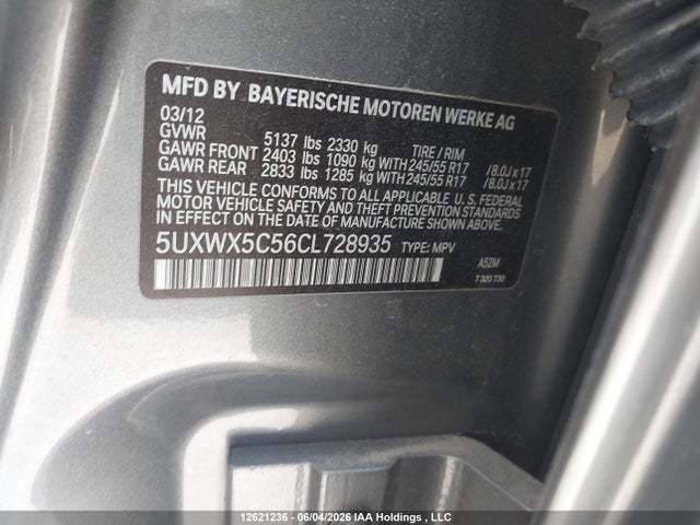 12621236 :رقم المزاد ، 5UXWX5C56CL728935 vin ، 2012 Bmw X3 Xdrive28i مزاد بيع