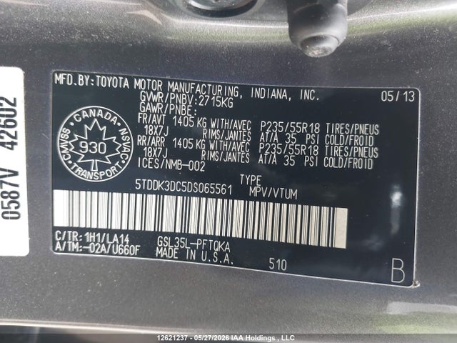 Продажа на аукционе авто 2013 Toyota Sienna Xle 7 Passenger, vin: 5TDDK3DC5DS065561, номер лота: 12621237