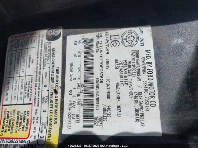 12621239 :رقم المزاد ، 1FTFW1EF7DFD57626 vin ، 2013 Ford F150 Supercrew مزاد بيع