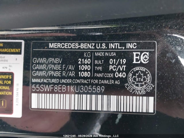 12621245 :رقم المزاد ، 55SWF8EB1KU305589 vin ، 2019 Mercedes-benz C 300 4matic مزاد بيع