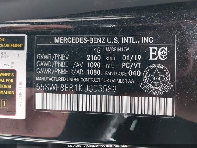 12621245 :رقم المزاد ، 55SWF8EB1KU305589 vin ، 2019 Mercedes-benz C 300 4matic مزاد بيع
