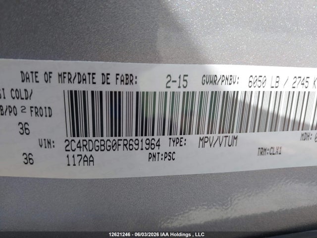 2015 Dodge Grand Caravan Se/sxt მანქანა იყიდება აუქციონზე, vin: 2C4RDGBG0FR691964, აუქციონის ნომერი: 12621246