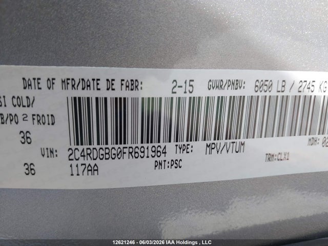 2015 Dodge Grand Caravan Se/sxt მანქანა იყიდება აუქციონზე, vin: 2C4RDGBG0FR691964, აუქციონის ნომერი: 12621246