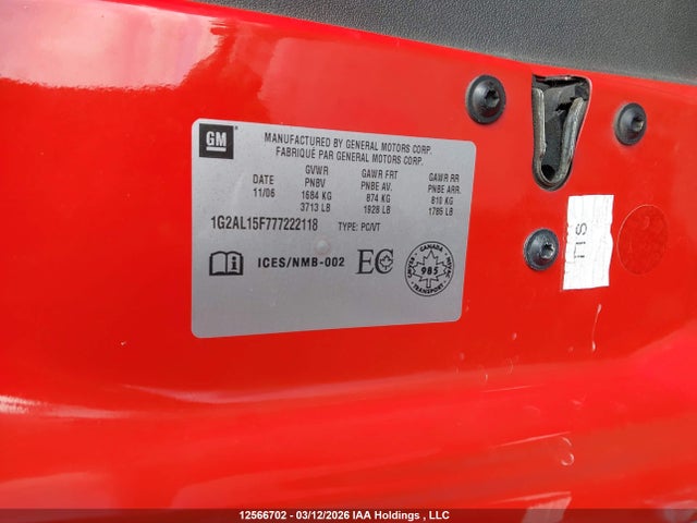 12566702 :رقم المزاد ، 1G2AL15F777222118 vin ، 2007 Pontiac G5 Se مزاد بيع