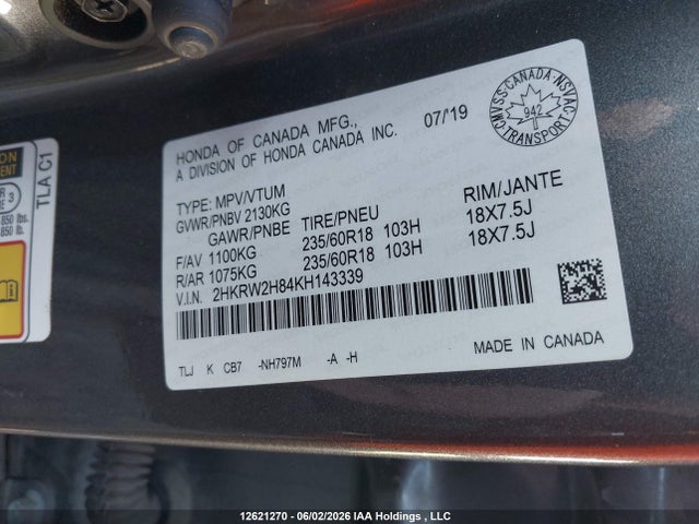 Aukcja sprzedaży 2019 Honda Cr-v Ex-l, vin: 2HKRW2H84KH143339, numer aukcji: 12621270