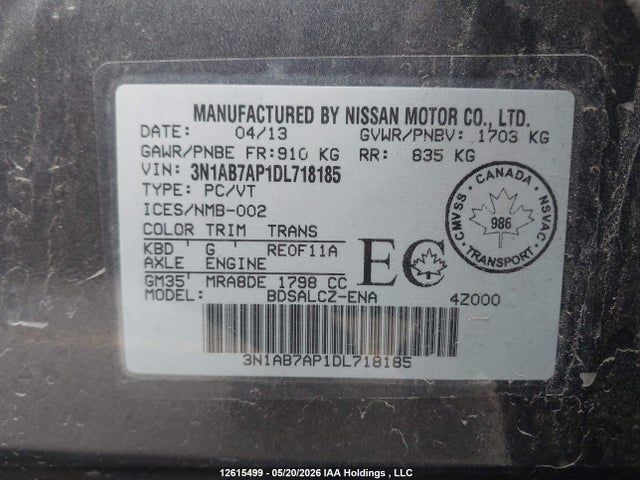 Продажа на аукционе авто 2013 Nissan Sentra 1.8 S/1.8 Sv, vin: 3N1AB7AP1DL718185, номер лота: 12615499